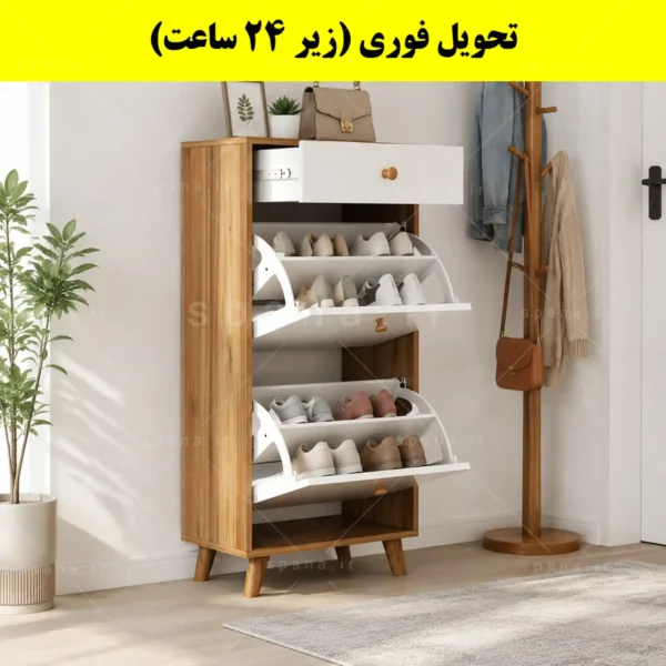 جاکفشی داشبوردی دو درب کشودار دستگیره چوبی – طول 50 (تحویل فوری) سفید گردویی