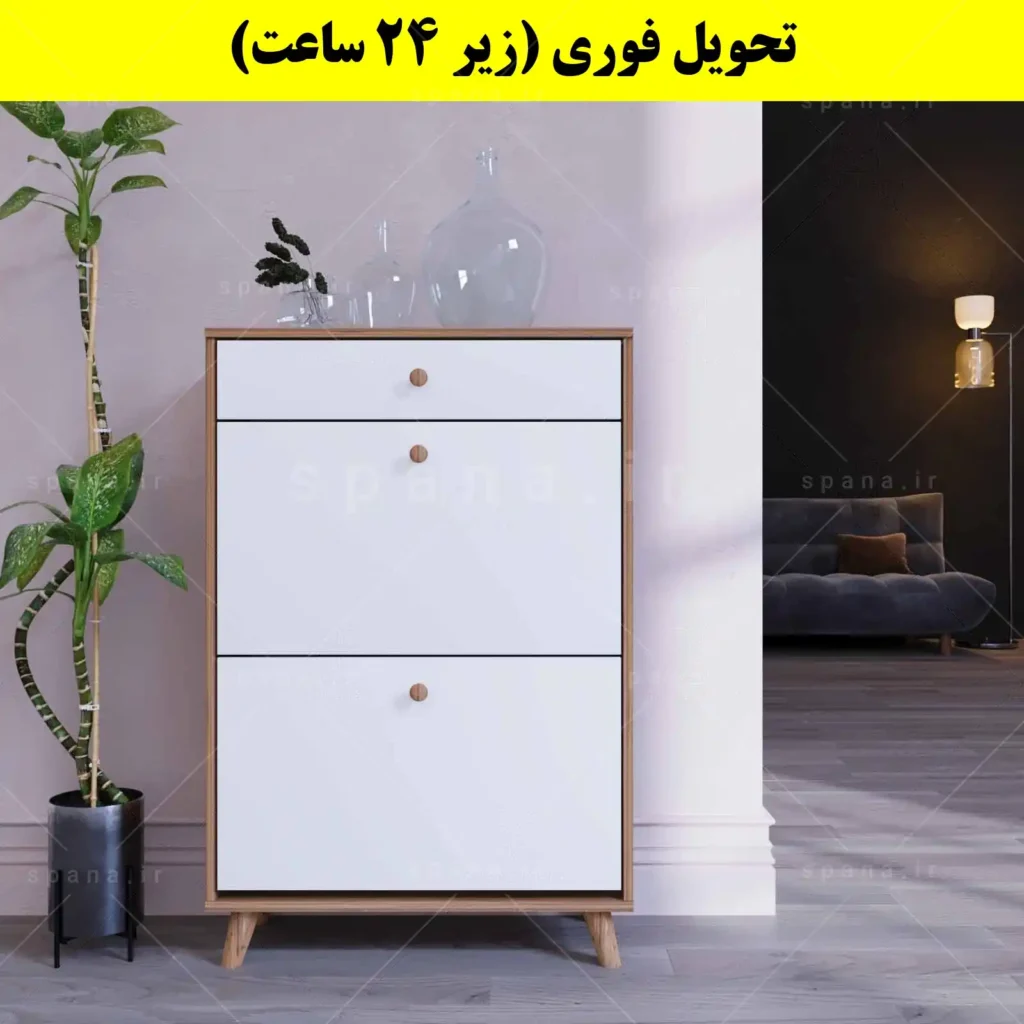 جاکفشی داشبوردی دو درب کشودار دستگیره چوبی – طول 70 (تحویل فوری) سفید گردویی