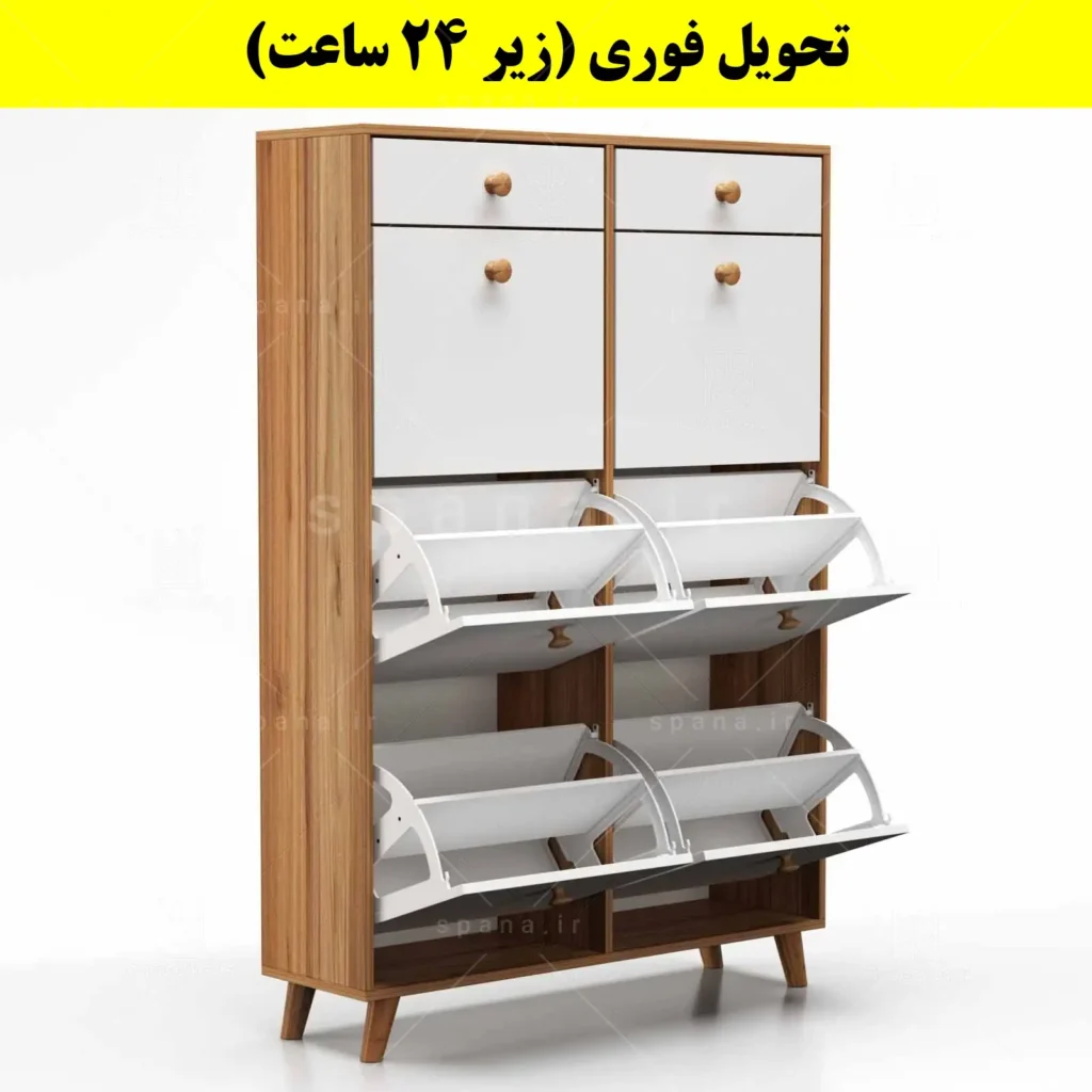 جاکفشی داشبوردی شش درب کشودار دستگیره چوبی – طول 100 (تحویل فوری) سفید گردویی
