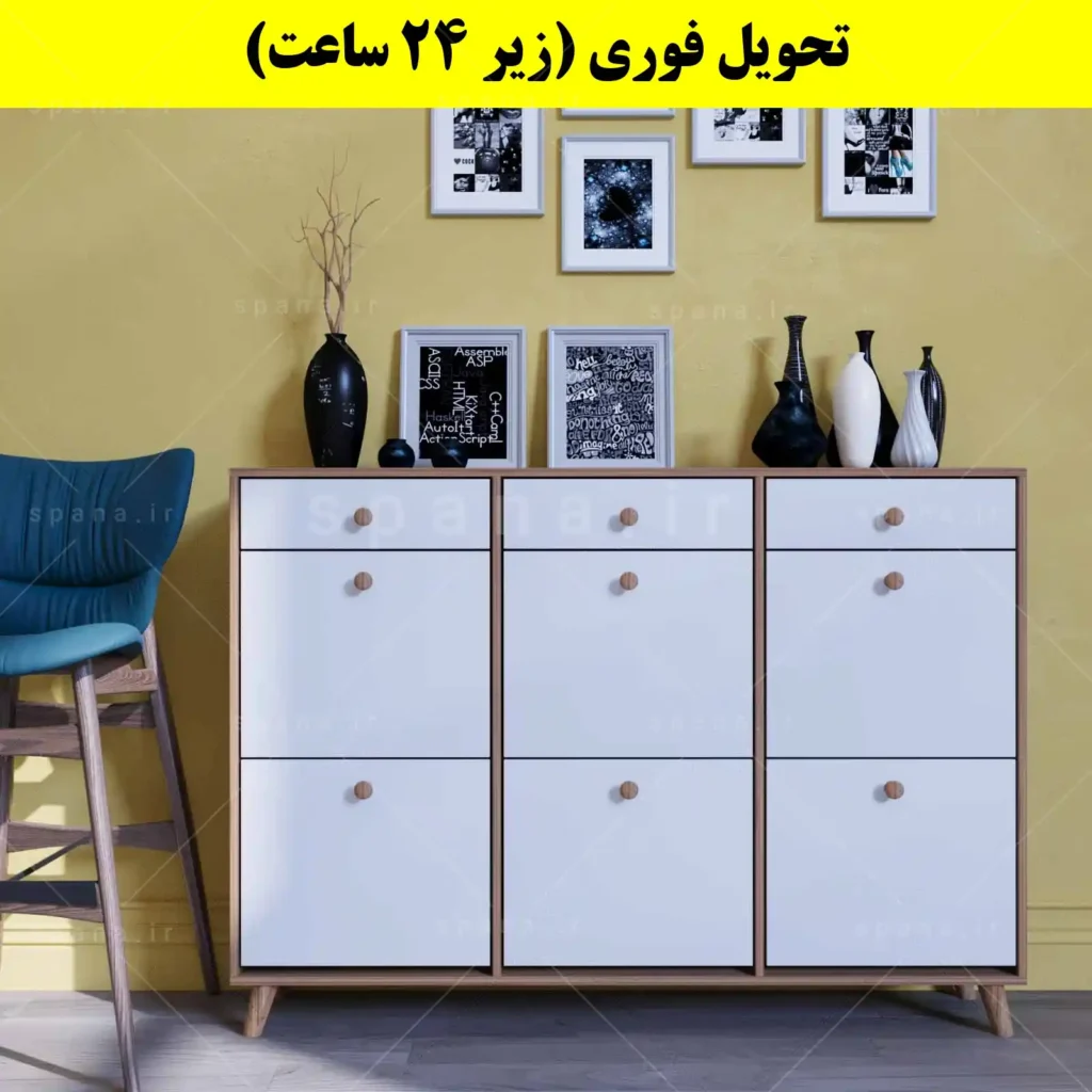 جاکفشی داشبوردی شش درب کشودار دستگیره چوبی – طول 150 (تحویل فوری) سفید گردویی