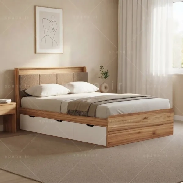 تخت خواب دو نفره نوید سه کشو سفید گردویی