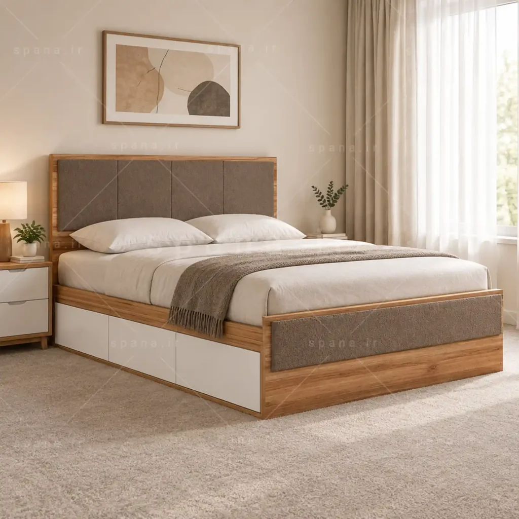 تخت خواب دو نفره رادین شش کشو سفید گردویی