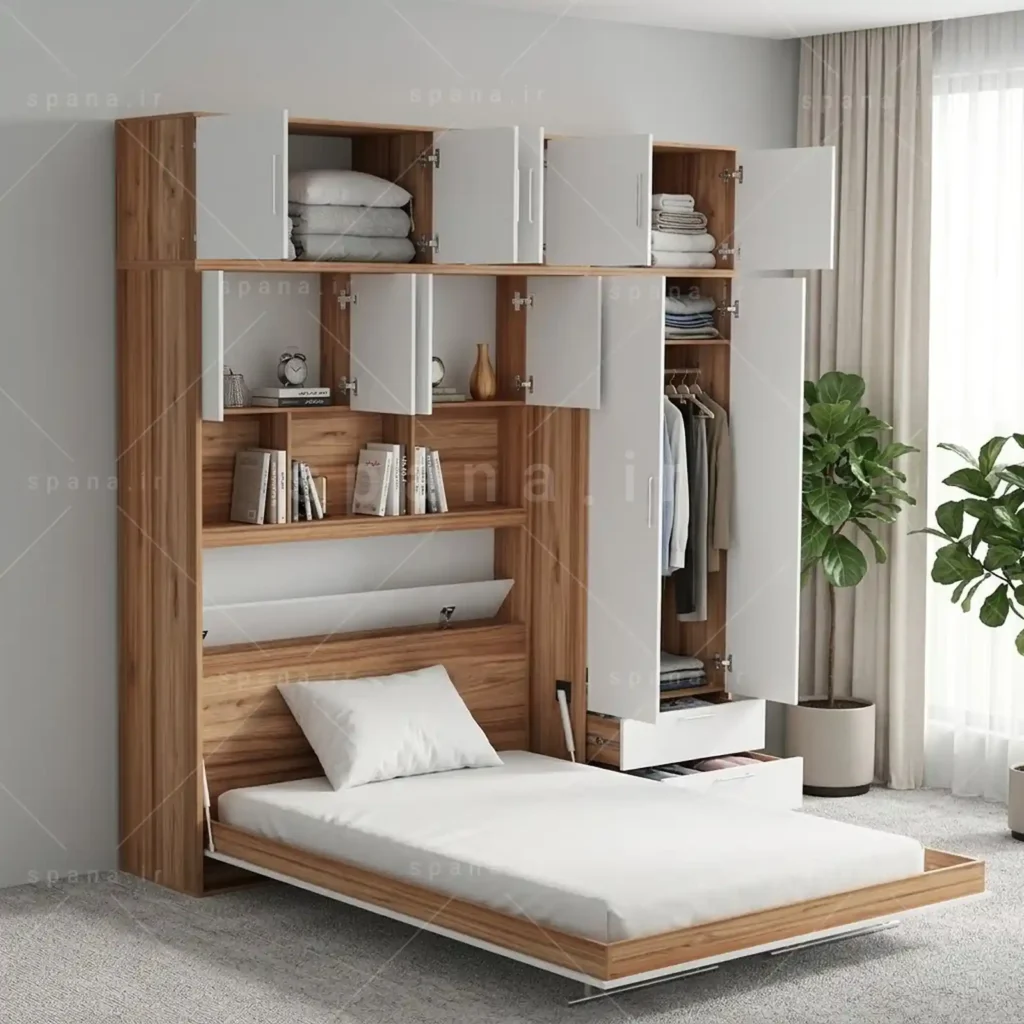 تخت تاشو عمودی دو نفره طول 250 کد 106 سفید گردویی