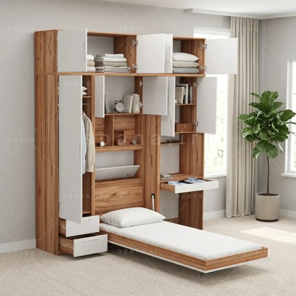 تخت تاشو عمودی تک نفره طول 235 کد 114 سفید گردویی